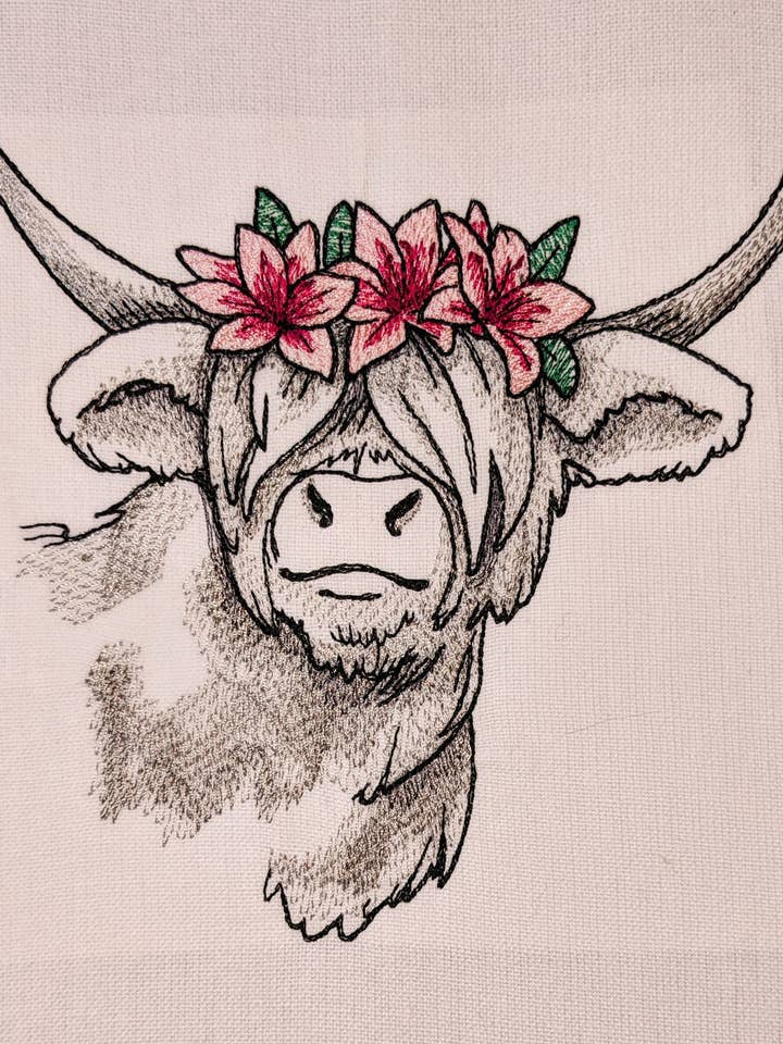 Geschirrtuch Scottish Highland mit Blumen bestickt für den Großhandel von Red Mitten