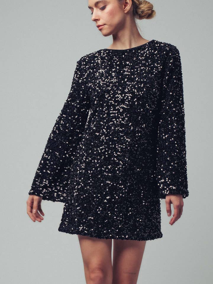 Bell Sleeve Contrast Bow Back Sequin Dress for wholesale by Urban Daizy