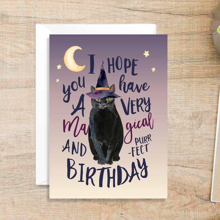 Biglietto di compleanno magico gatto nero per la vendita all'ingrosso da parte di Liffey Pop Designs