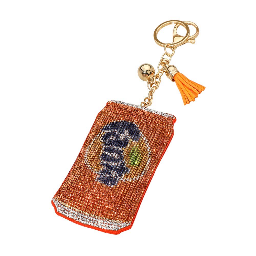 Sensibling Corp. - Vente Porte-clés – femme - Porte-clés pompon avec breloque de sac en forme de canette de soda orange ornée de strass.1