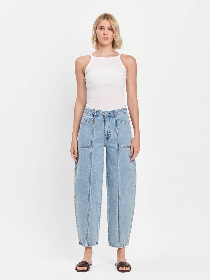 DEXTEROUSLY SUPER HIGH RISE PANEL DETAIL BARREL JEANS T6610 for wholesale on Faire