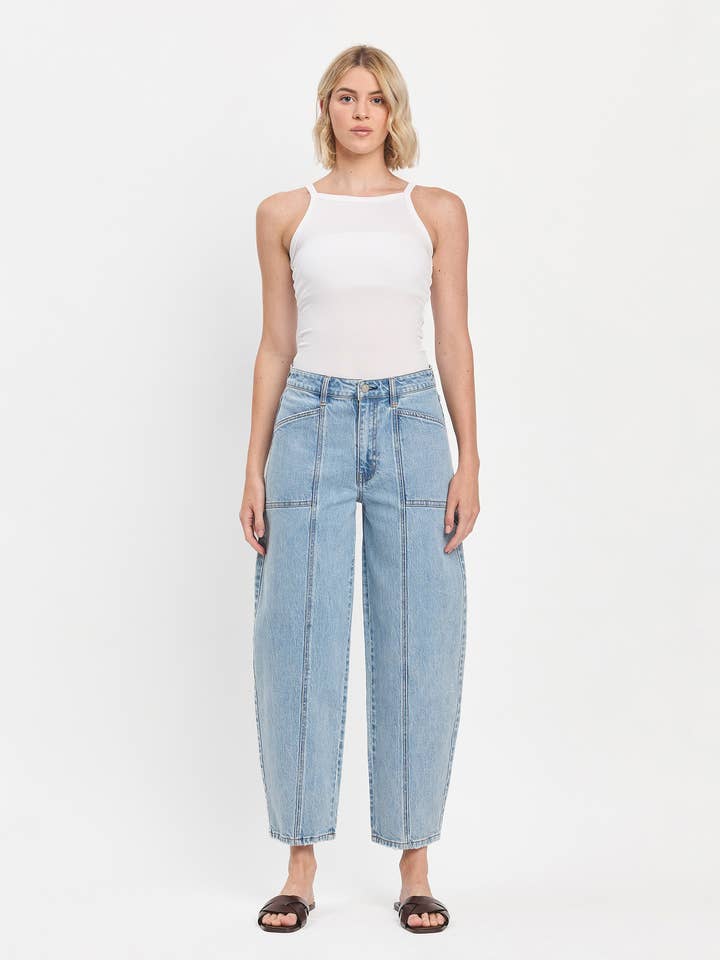 SUPER HIGH RISE PANEL DETAIL BARREL JEANS T6610 for wholesale by VERVET by FLYING MONKEY