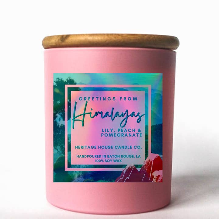 Himalayas: Lily Peach & Pomegrante 100% soy wax candle for wholesale by The Heritage House Candle Company
