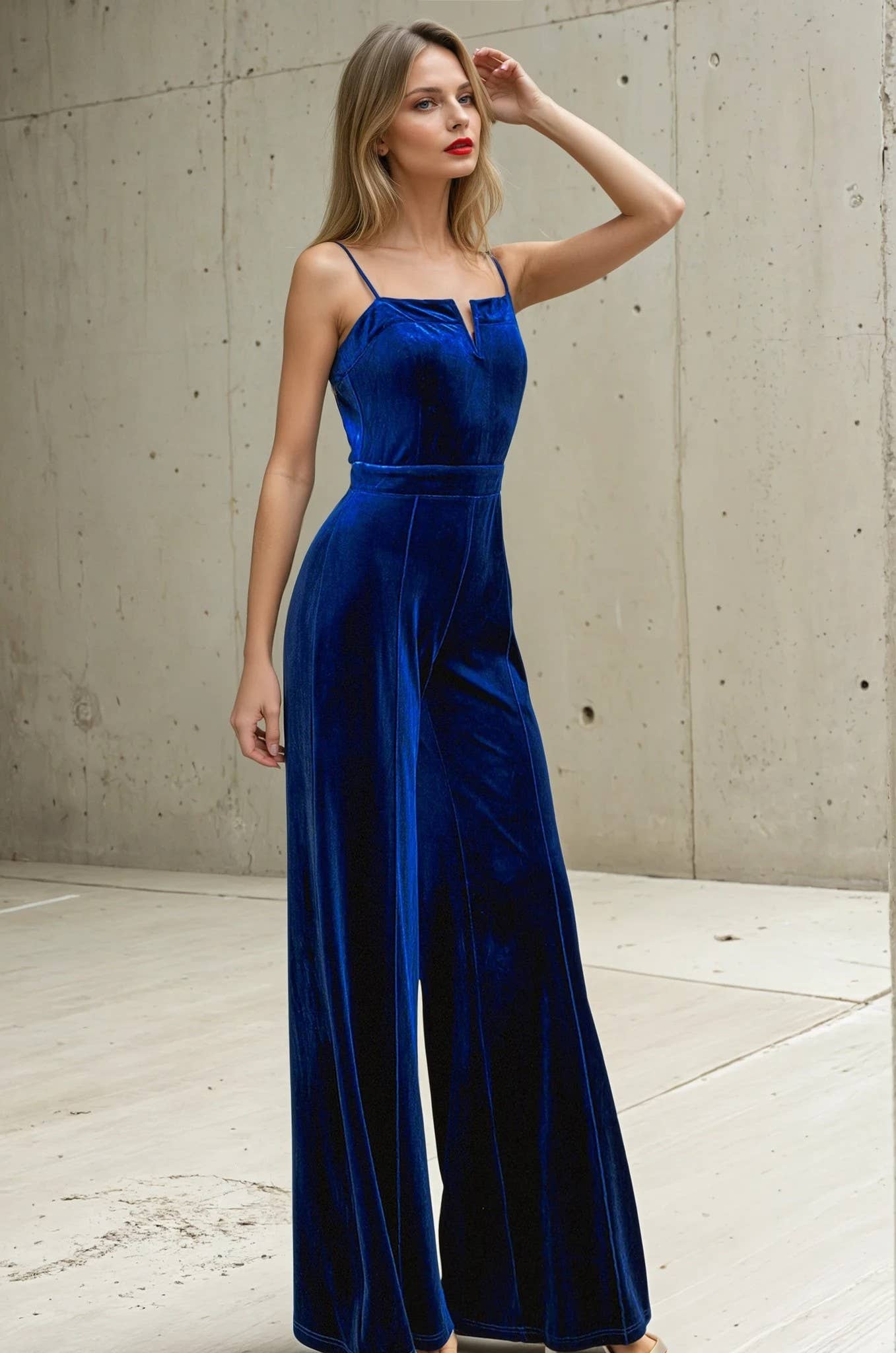 WISTERIA LANE – Großhandel Jumpsuit – Damen – STRUKTURIERTER V-TRIM SAMT-JUMPSUIT 4360 VIOLETT3