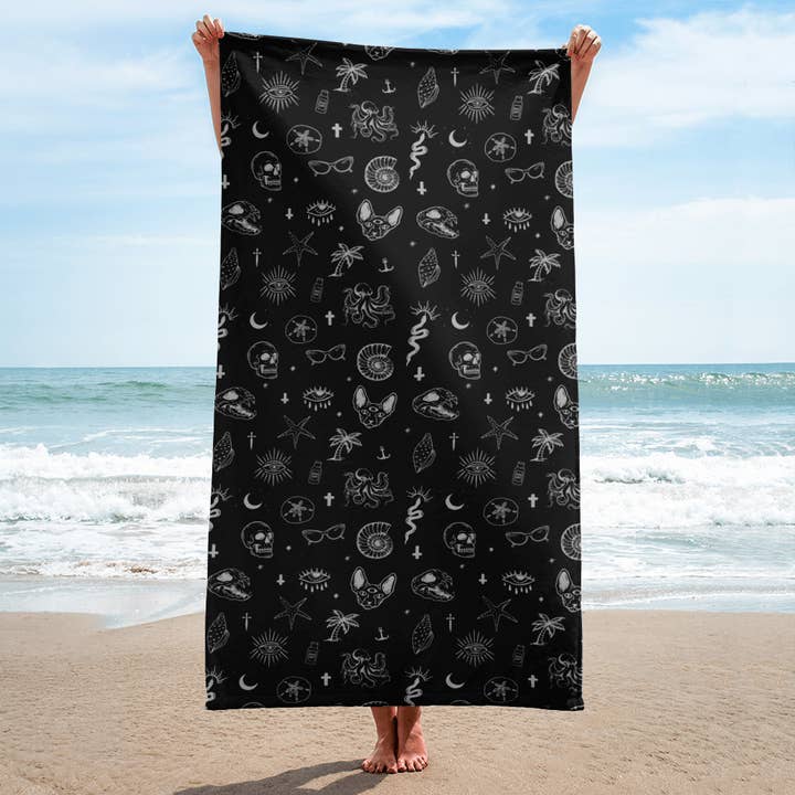 Occult Beach 30x60 Black Towel for wholesale by Rouge Hearts
