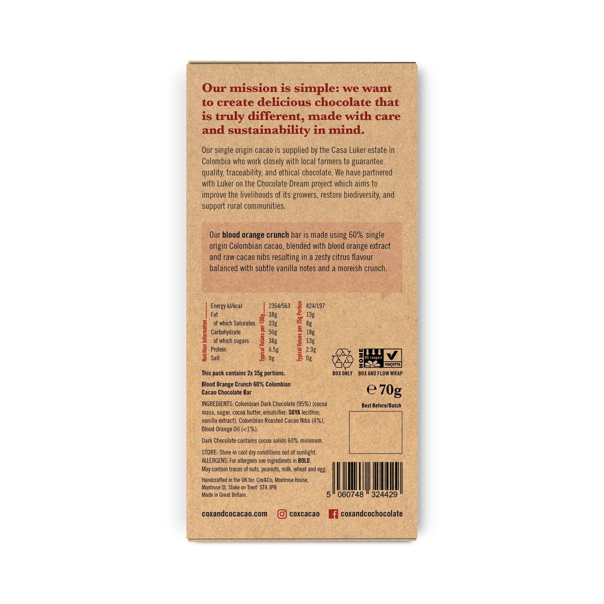 Cox&Co – wholesale Chocolate bar – Blood Orange Crunch 60% Dark Chocolate Bar - 70g 1