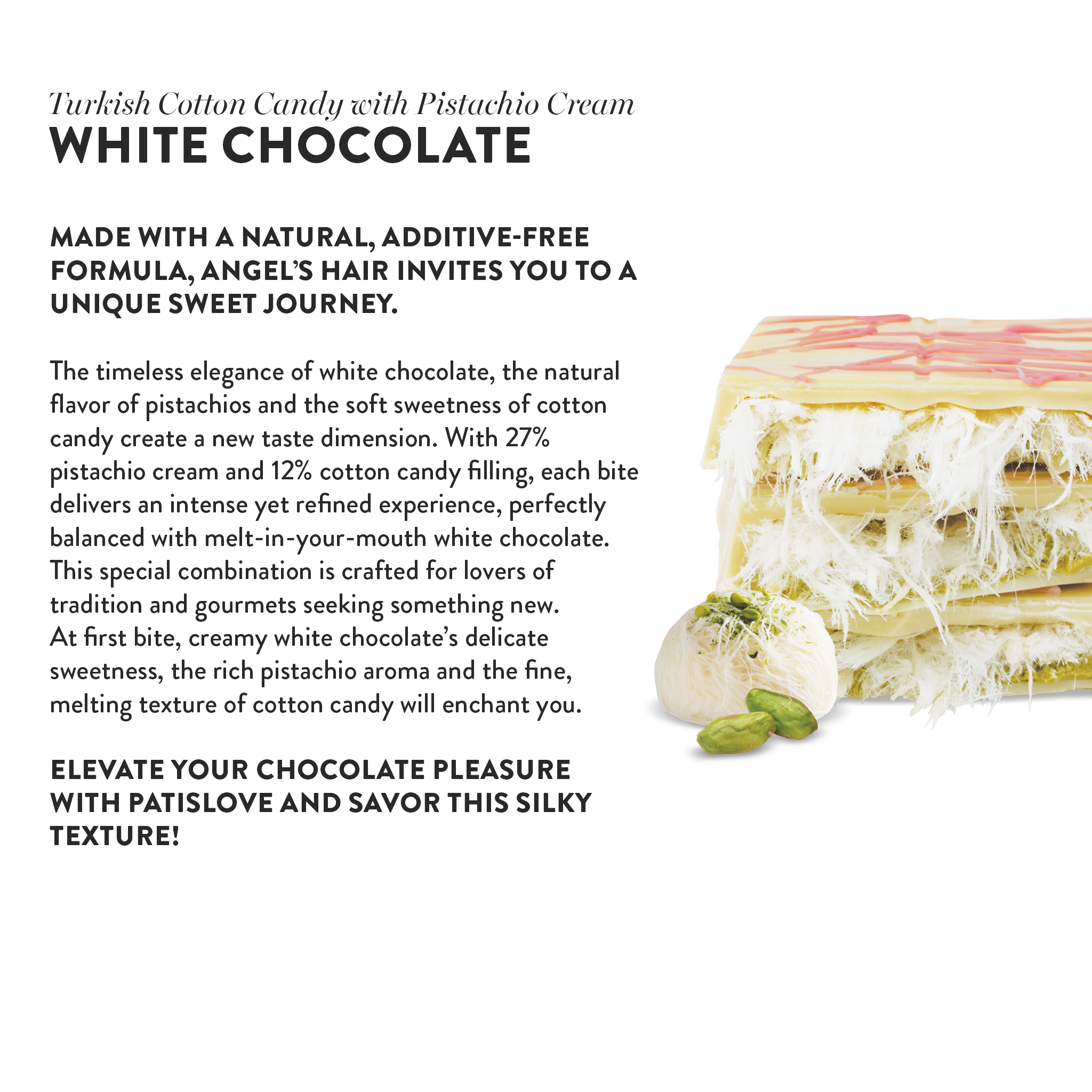 Patislove - Wholesale Chocolate Covered Sweets - Angel’s Hair White Chocolate Pistachio & Cotton Candy, 90G4