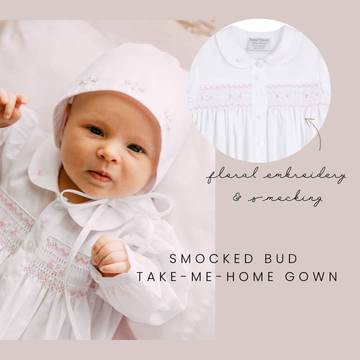 White Preemie Girls Smocked Bud Take Me Home Gown With Bonnet for wholesale on Faire1