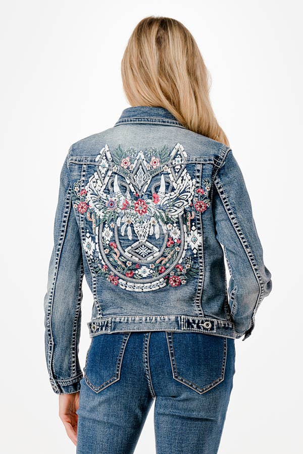Grace in LA - Wholesale Denim Jacket - Women's - Floral Embroidery Detail Denim Jacket  | TE-619450