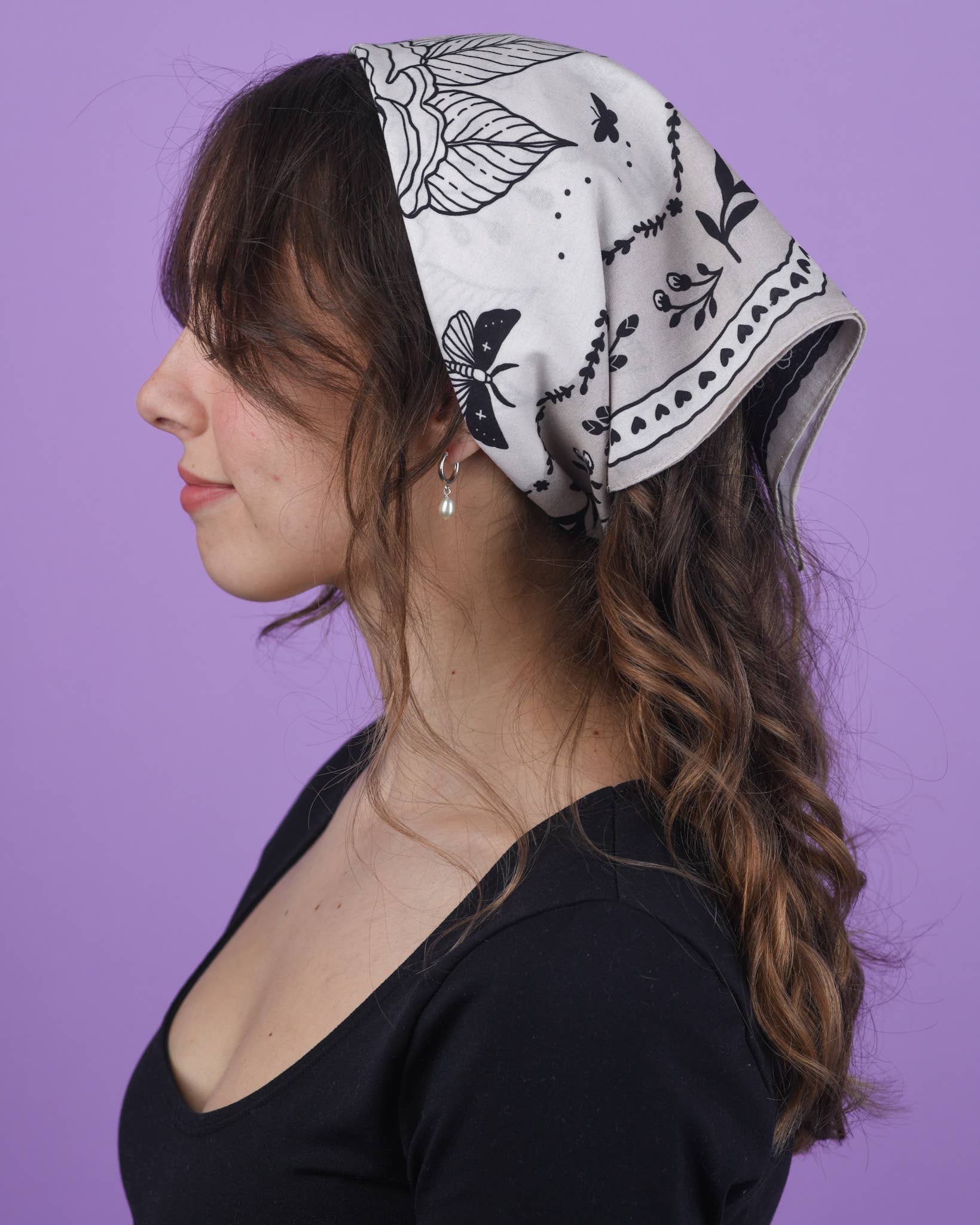 Art by Ciara - Wholesale Bandana - Women's - Black and White Floral Moth Bandana2