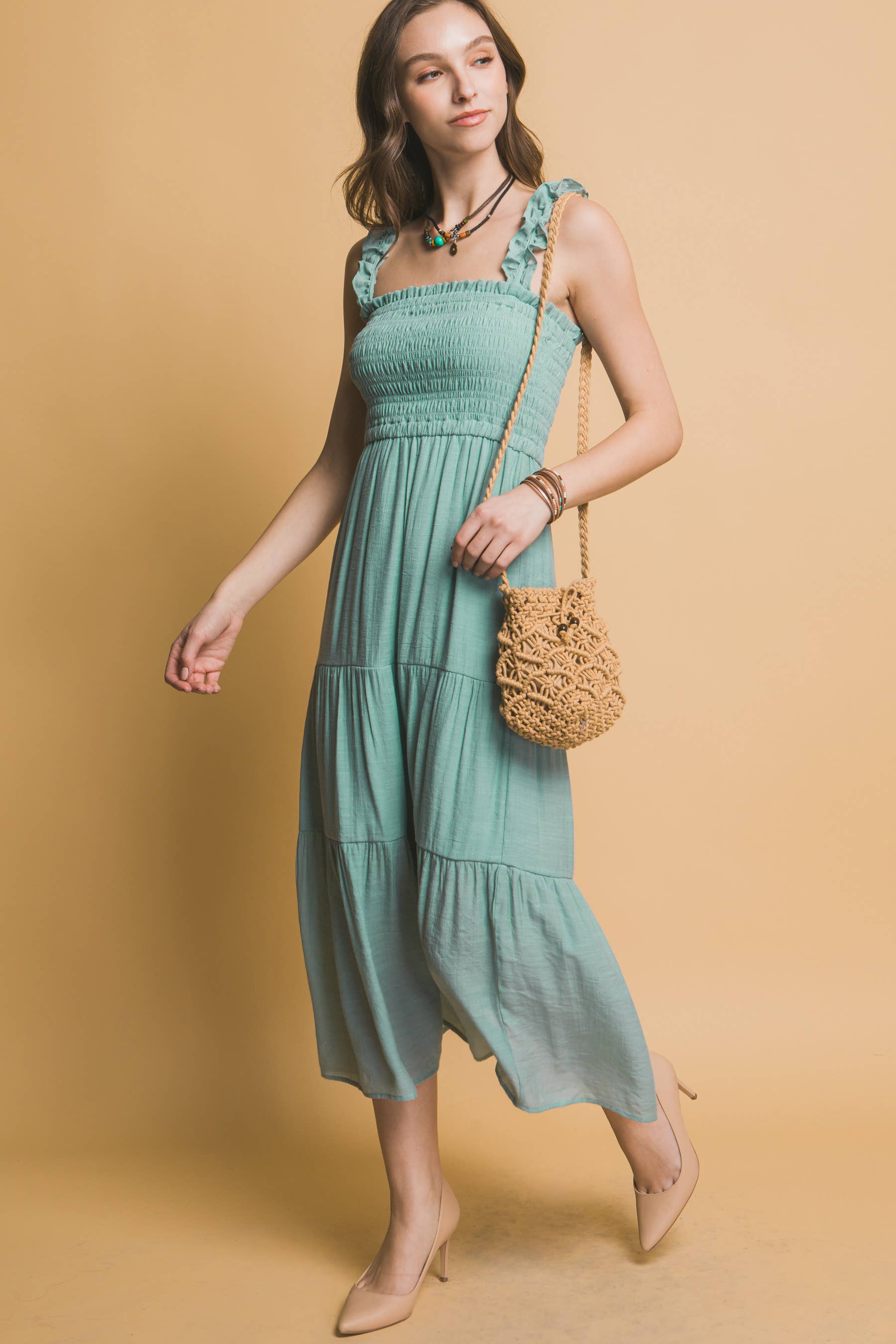 42POPS - Vente Robe – femme - "..._ Robe midi avec bretelle élastique et poitrine smockée"6