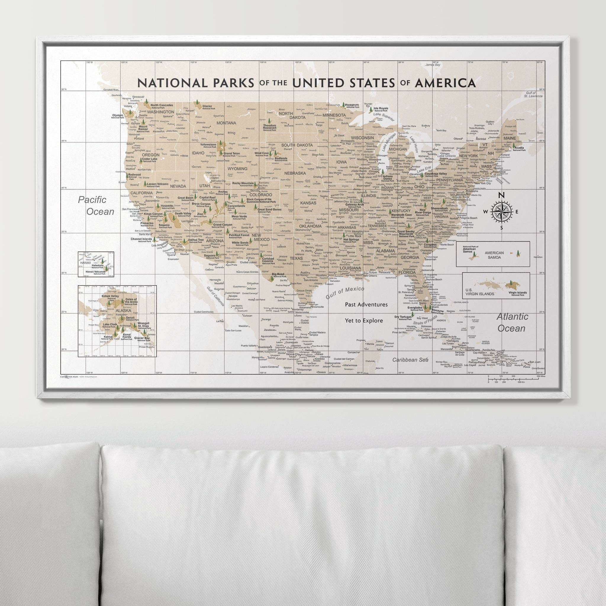 Conquest Maps - Wholesale Map - Push Pin National Parks Map - Light Brown Color Splash - Pins Included!6