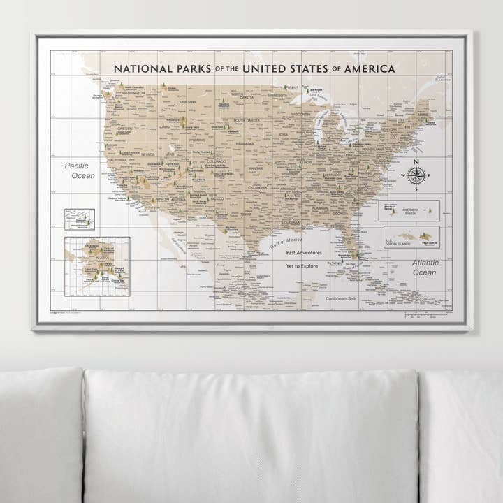 Conquest Maps - Wholesale Map - Push Pin National Parks Map - Light Brown Color Splash - Pins Included!6