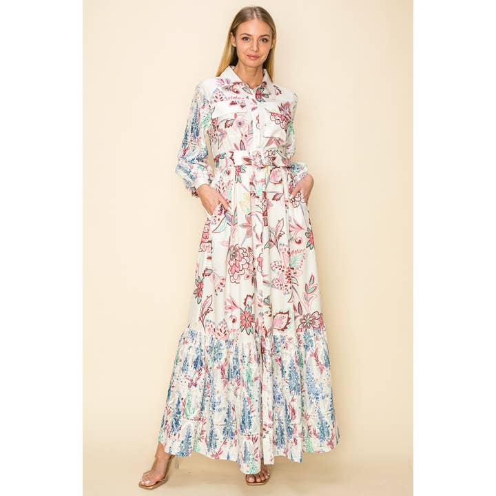 MULTI PRINTED MAXI DRESS WITH EMBOIDERY for wholesale on Faire