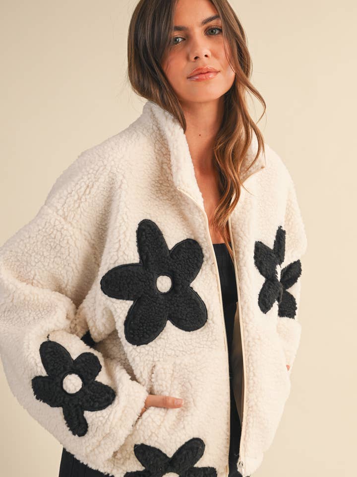 IJ1560 FLORAL SHERPA ZIP UP JACKET for wholesale by Klesis