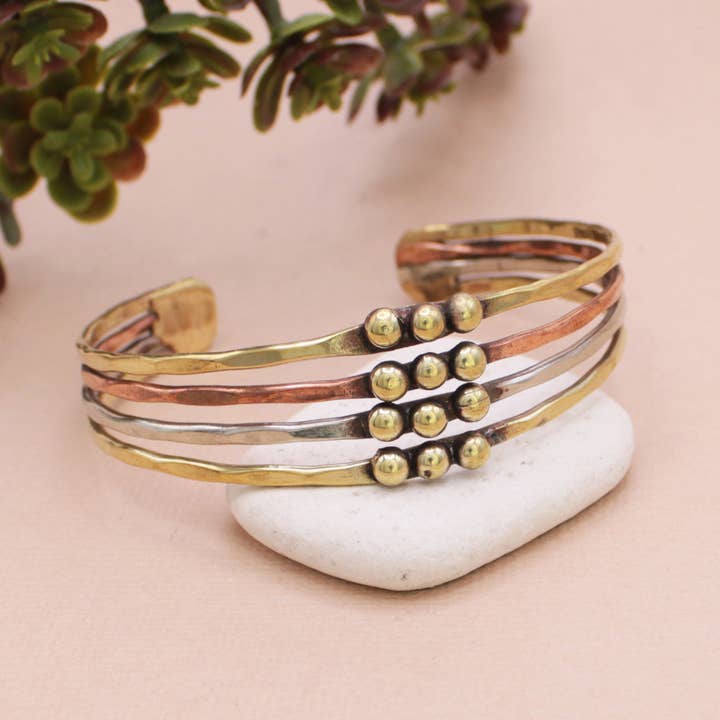 ZAD - Wholesale Cuff Bracelet - Mixed Metal Hammered Dotted Cuff Bracelet