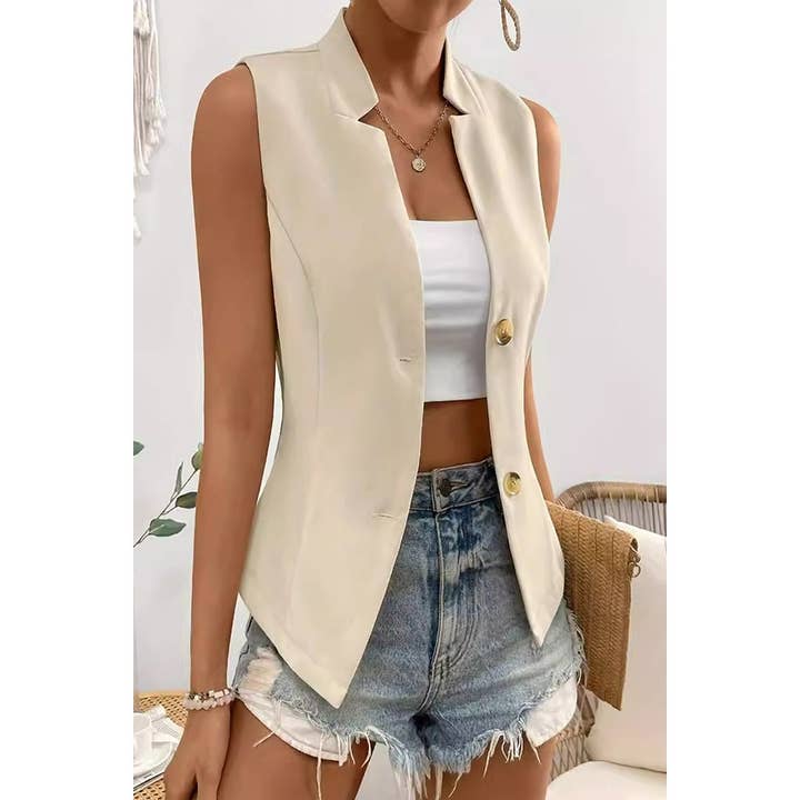 Colete Camisola sem Mangas com Botões e Decote em V por atacado de Paperdoll