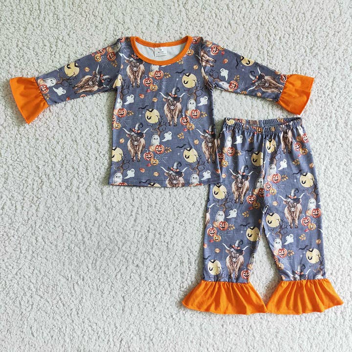 Baby girls fall pumpkin cow pajamas pants sets for wholesale by Aier Wholesale