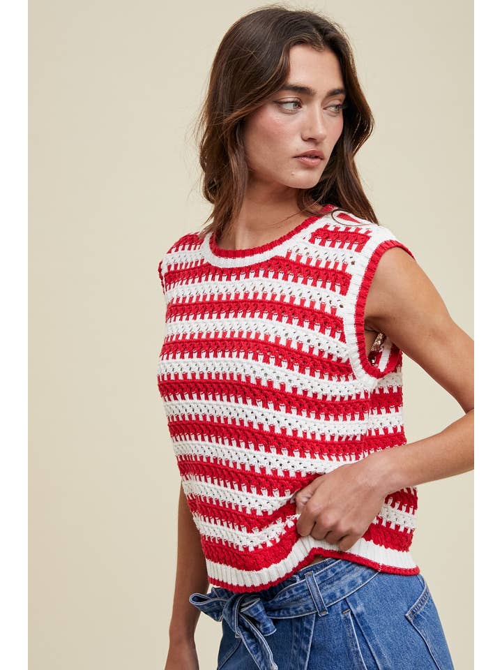 WHITE RED STRIPED CROCHET TANK TOP / WL24-9782 for wholesale on Faire