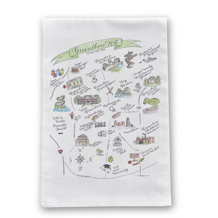 Greensboro, NC Map Tea Towel for wholesale by The Write Occasion Calligraphy