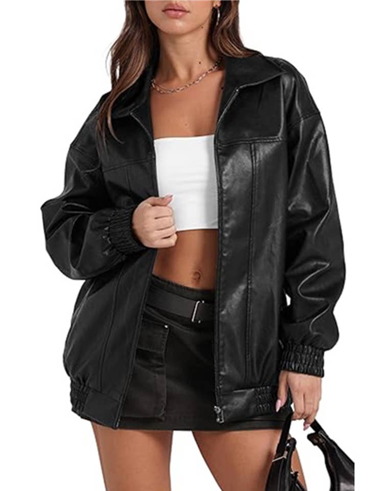 Casaco com Bolsos com Fecho, Lapela e Manga Comprida em Pele PU ZK3949 por atacado de UNISHE