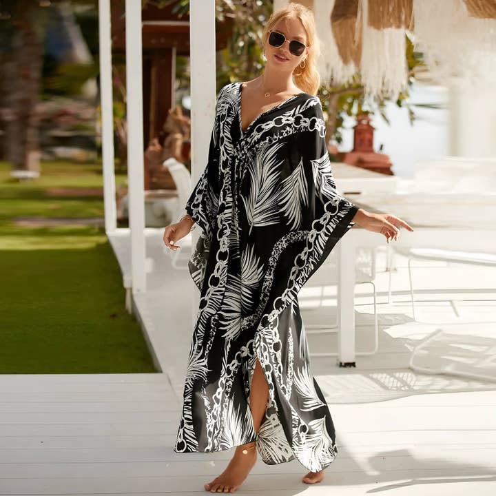 Miss Lavish London - Wholesale Kaftan - Women's - Kaftan Summer Dresses, Braided V-Neck - Black Palm, S-3XL1