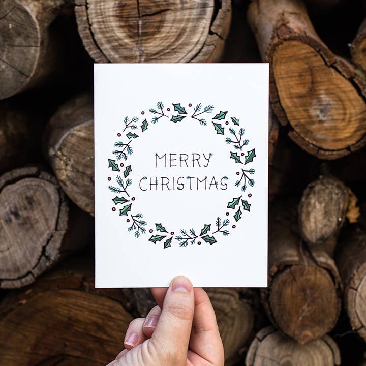 Merry Christmas Wreath | Holiday & Christmas Card for wholesale by Lacelit | Stationery & Gifts by Kimberly Kuniko