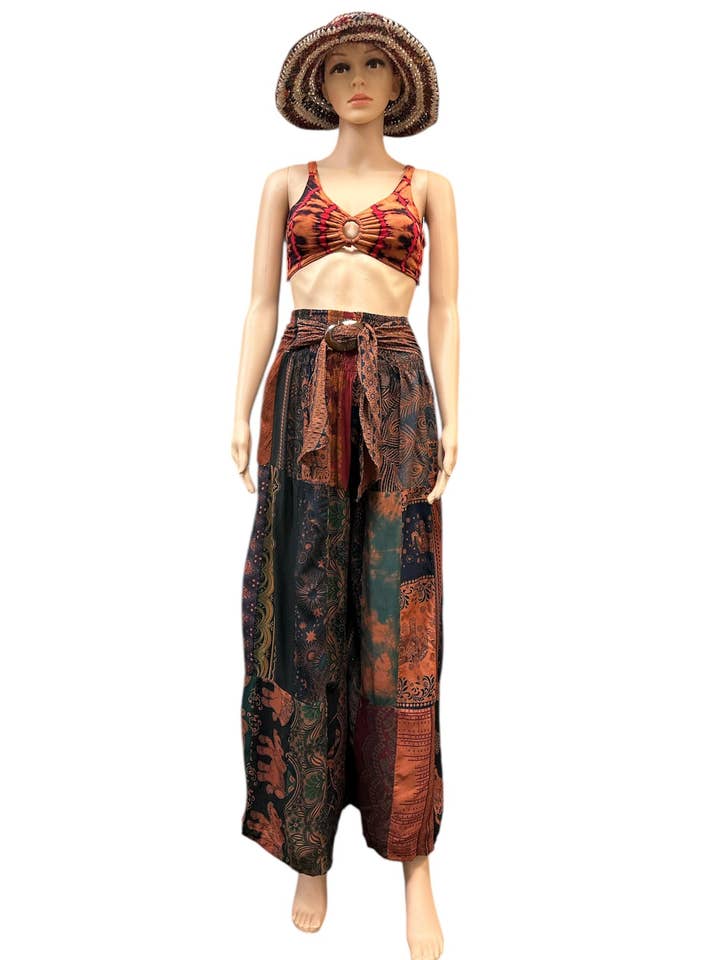 Rayon Red Multi Patchwork Coconut Button Palazzo Pant KTY506 for wholesale by Rising International Inc