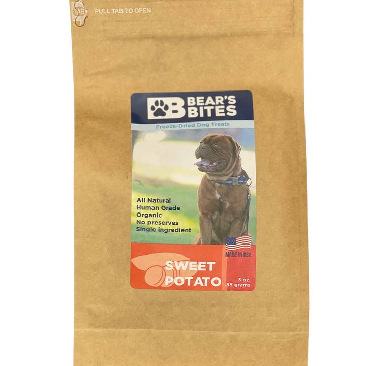 Single Ingredient Freeze Dried Sweet Potato Dog Treats for wholesale by Bear's Bites, LLC
