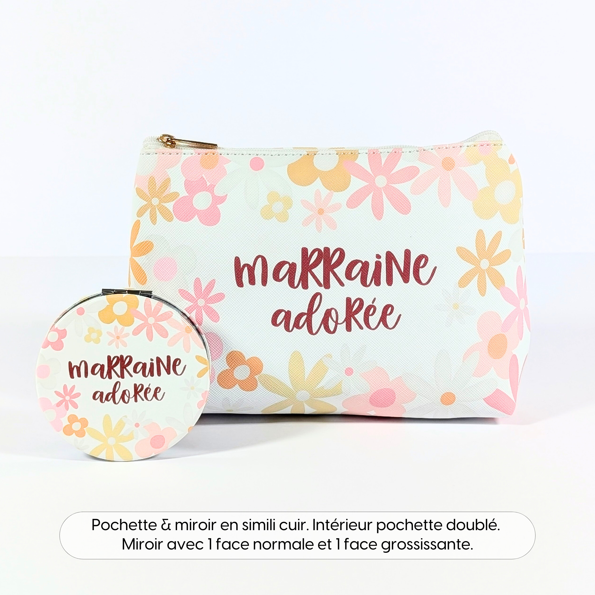 Te Whaka - Wholesale Makeup/Cosmetic Bag - Marraine faux leather pouch + mirror | Godmother gift1
