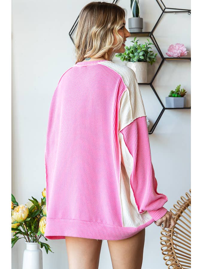 7th Ray - Wholesale Knit Top - Women's - Rib Color Block Hi Low Hem Drop Shoulder Pullover Top T5412