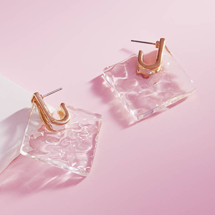 GDCLR Organic Texture Clear Resin Post Pin Hoop Earrings for wholesale on Faire0