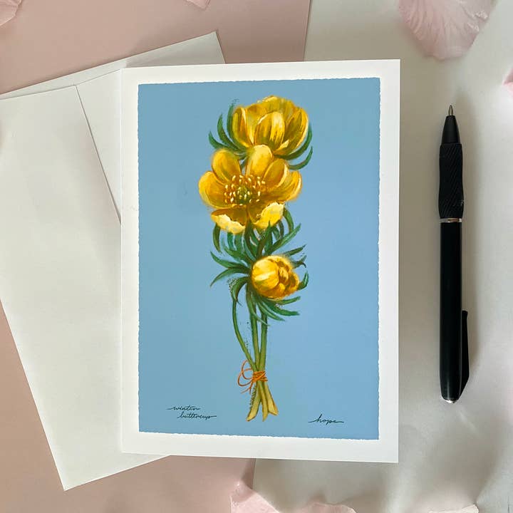 Cindy Tran Art - Vendita all'ingrosso Biglietti di auguri generici - Biglietto di Auguri Ranuncolo Invernale - “Speranza” - Fiore Invernale