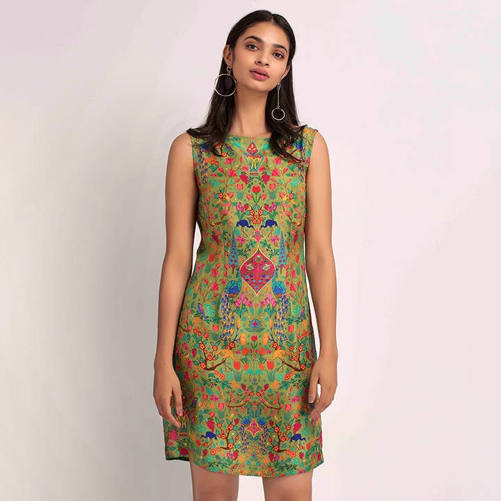 Green boat neck sleeveless sheath dress for wholesale by Benares
