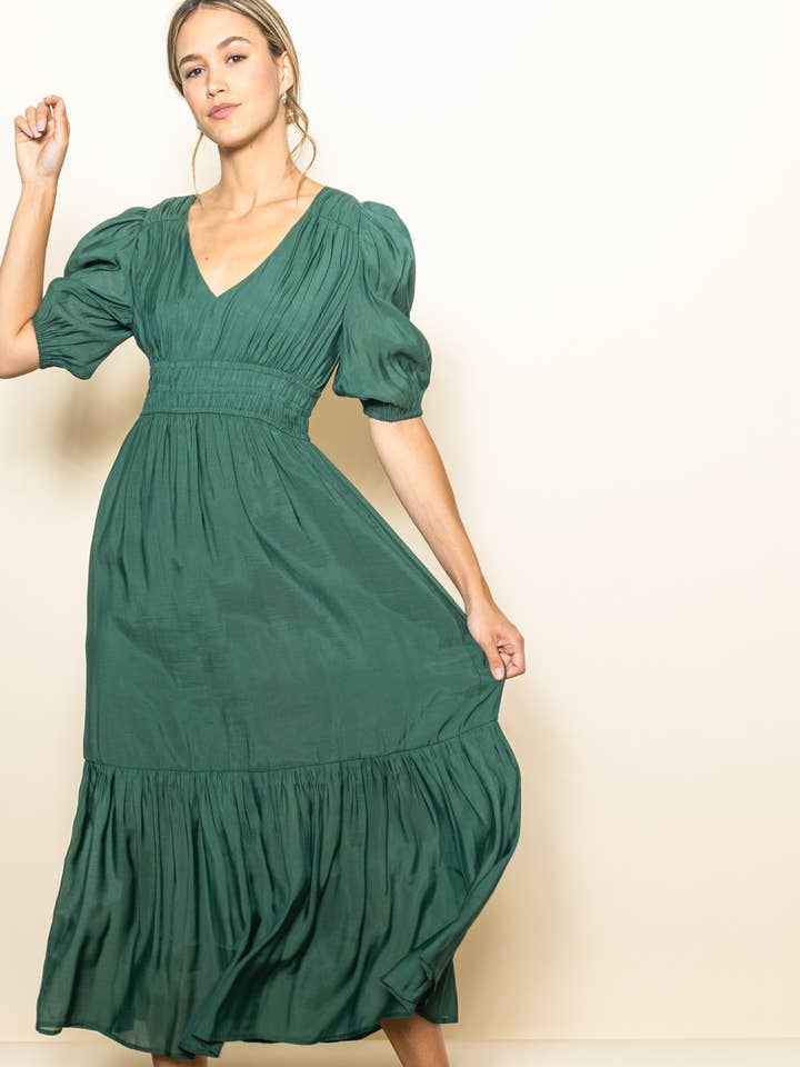 Elloh Collection - Wholesale Dress - Women's - Elegant Puff Sleeve V-Neck Dress with Lining1