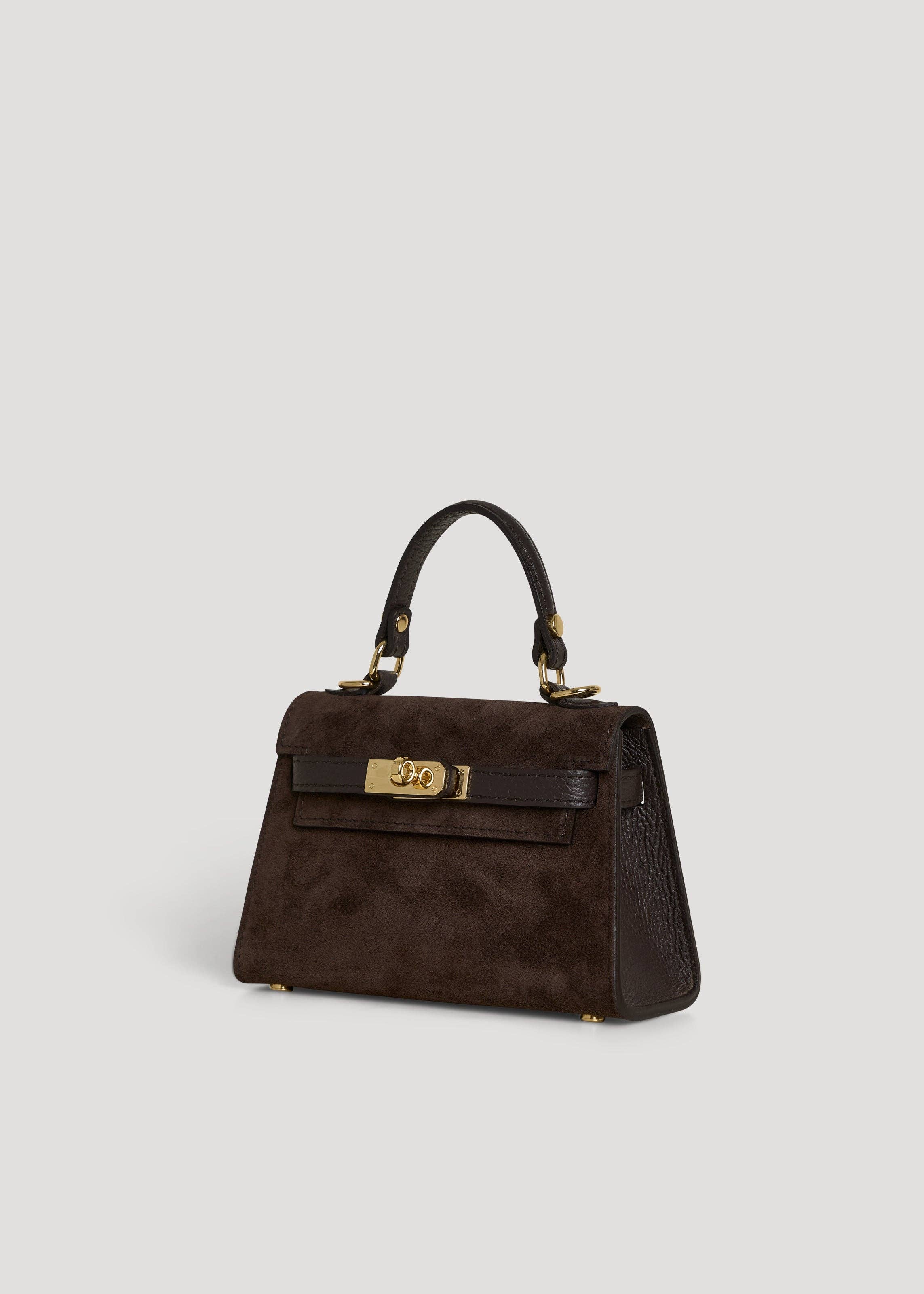 Voemièn - Wholesale Top Handle Bag - Women's - Victoria Bag in Dark Brown Suede and Dollar Leather1