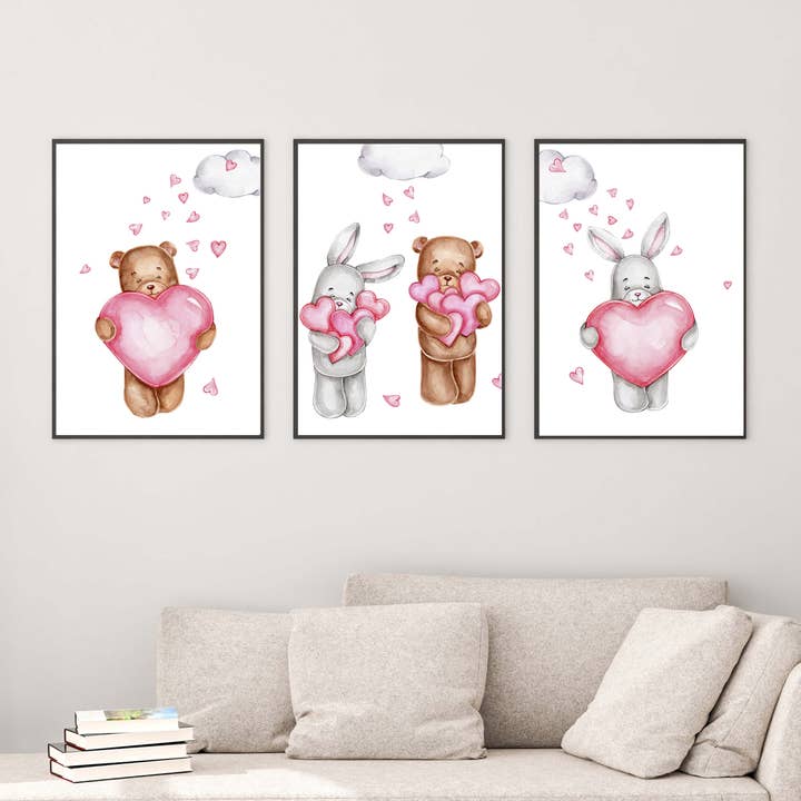 Bear & Bunny with Heart Wall Picture Set of 3 Premium P709 for wholesale by WANDKIND