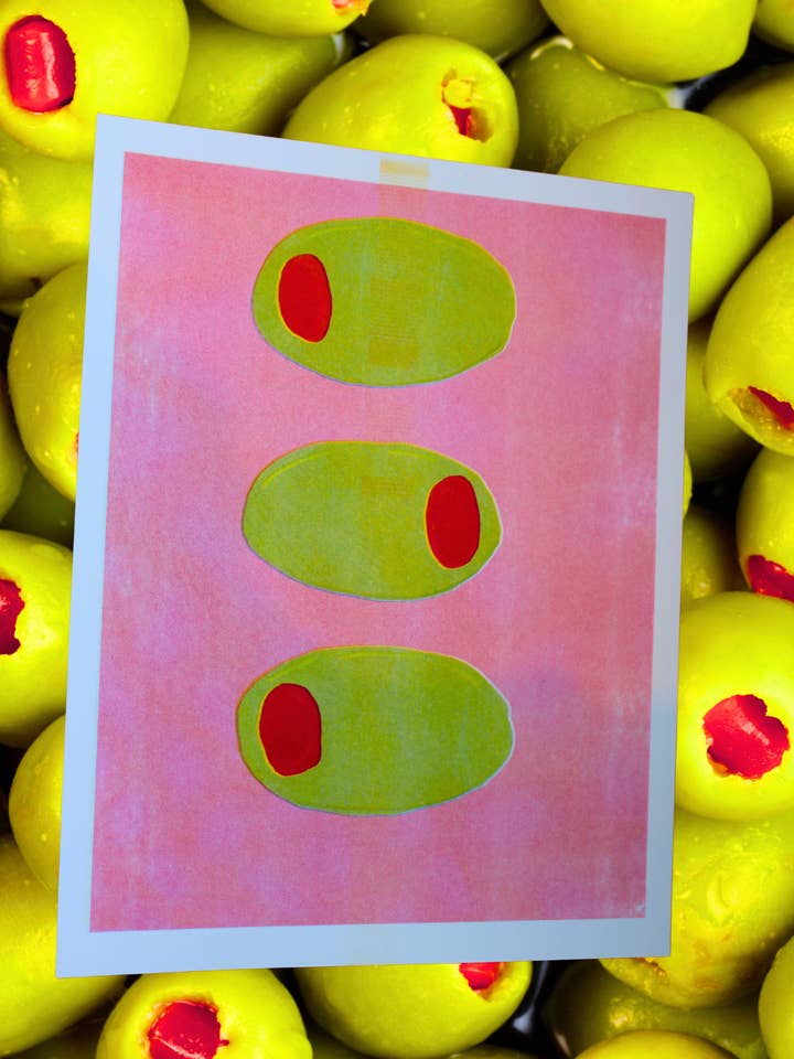 Three Olive Risograph Print for wholesale by Picnic Date Studio