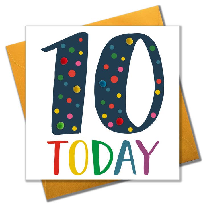 Birthday Card, Age 10 - Blue, 10 Today, Embellished with colourful pompoms for wholesale by Claire Giles Ltd