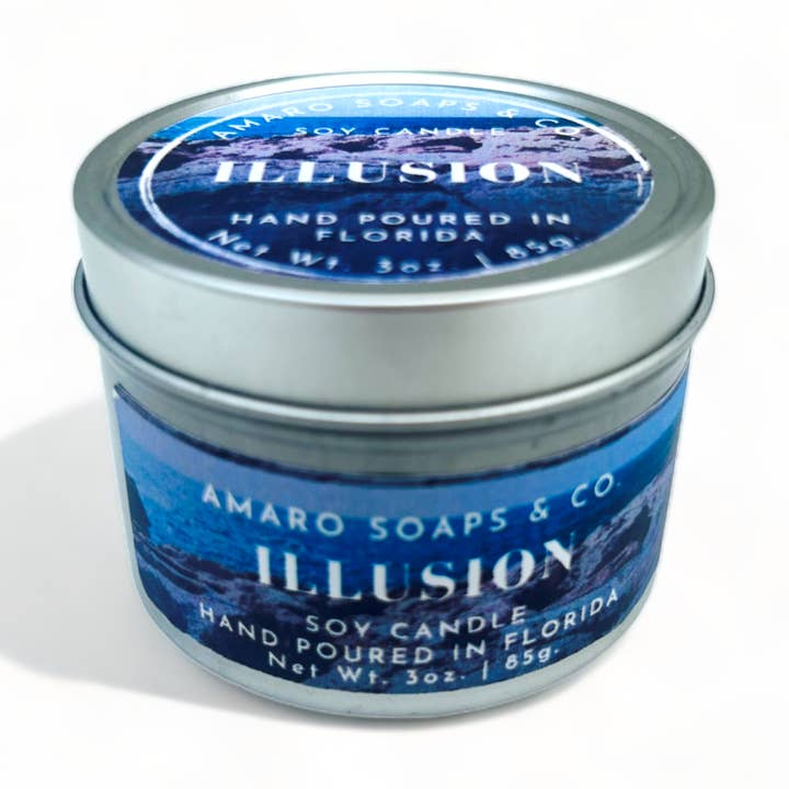 Illusion Soy Candle Tin for wholesale by Amaro Soaps & Co.
