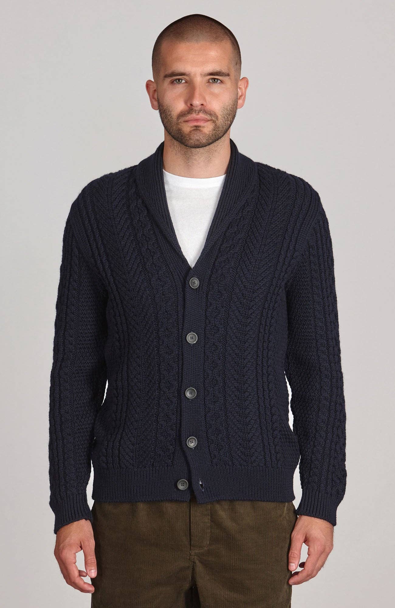 Paul James Knitwear - Wholesale Cardigan - Men's - Mens Chunky Merino Wool Shawl Collar Cable Cardigan13