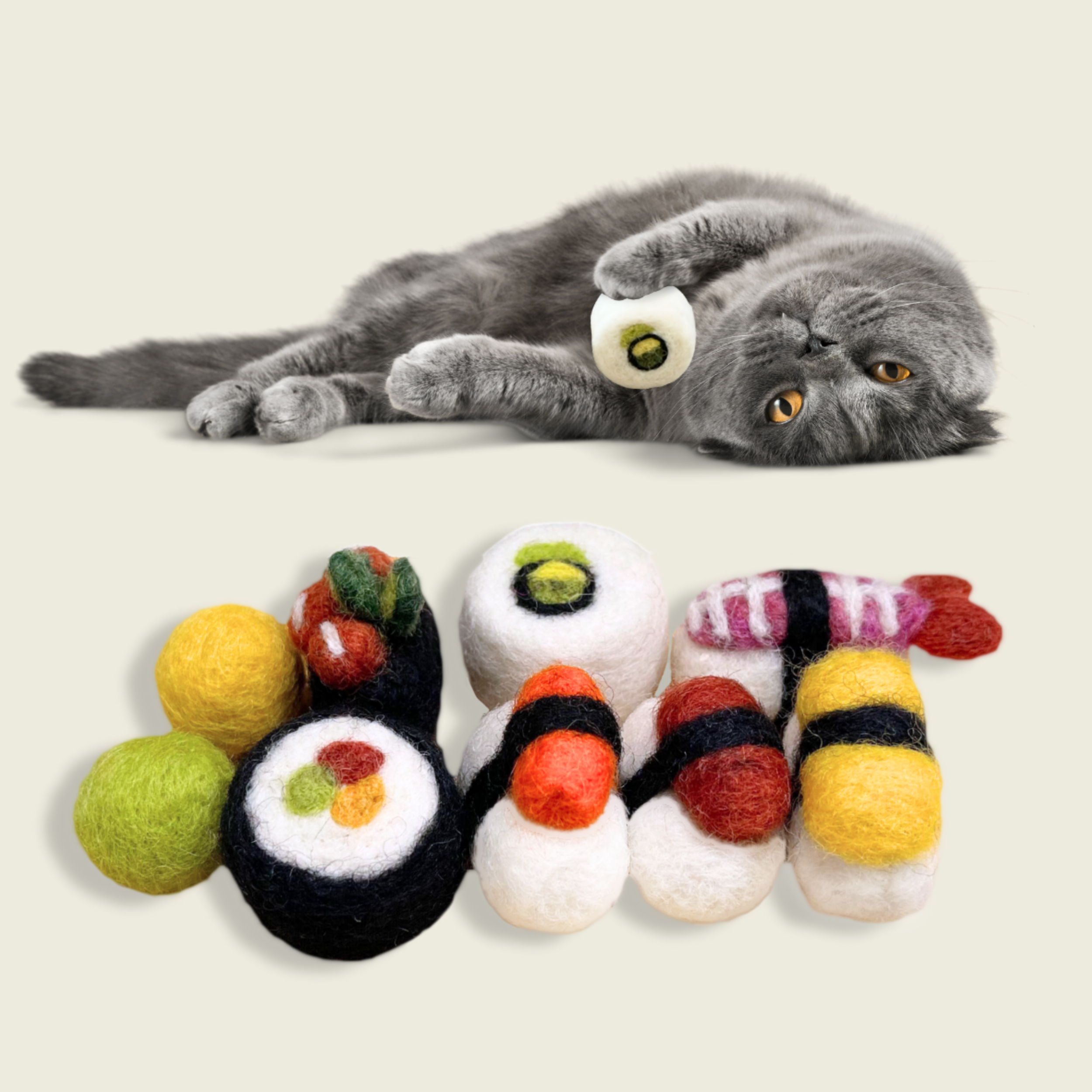 Woolbuddy - Wholesale Pet Toy - Cat - Handmade Wool Needle Felted Cat Sushi Toy2