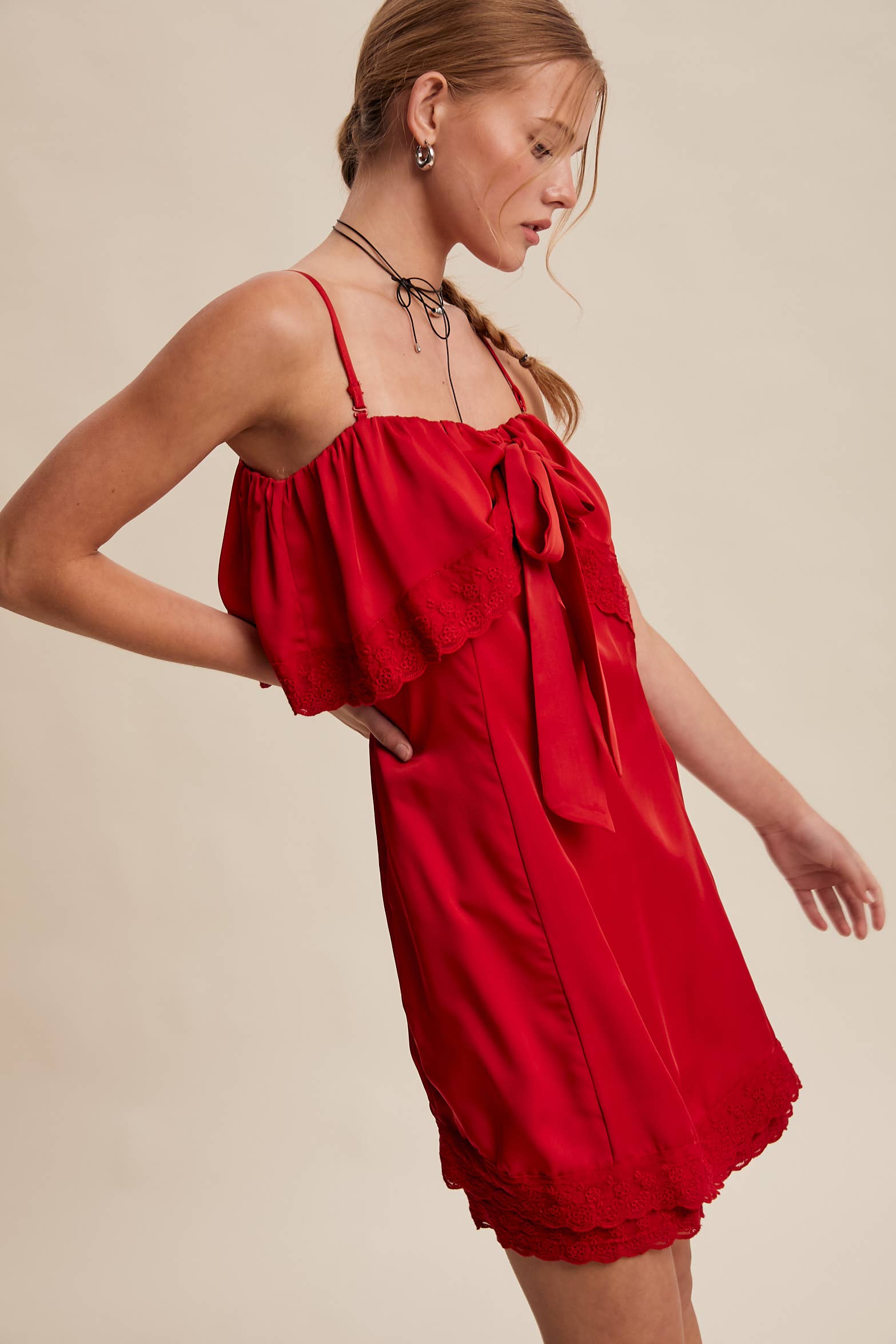 Listicle - Wholesale Dress - Women's - Bow Front Lace Trim Mini Dress LD106329