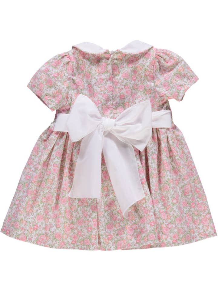Piccola Speranza - Wholesale Dress - Kids - Vestido rosa florido com smocks, laço e gola branca1