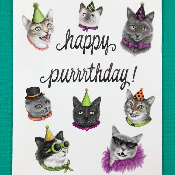 A2 size Happy Purrrthday! cat card, printed in US for wholesale by Abundance Illustration