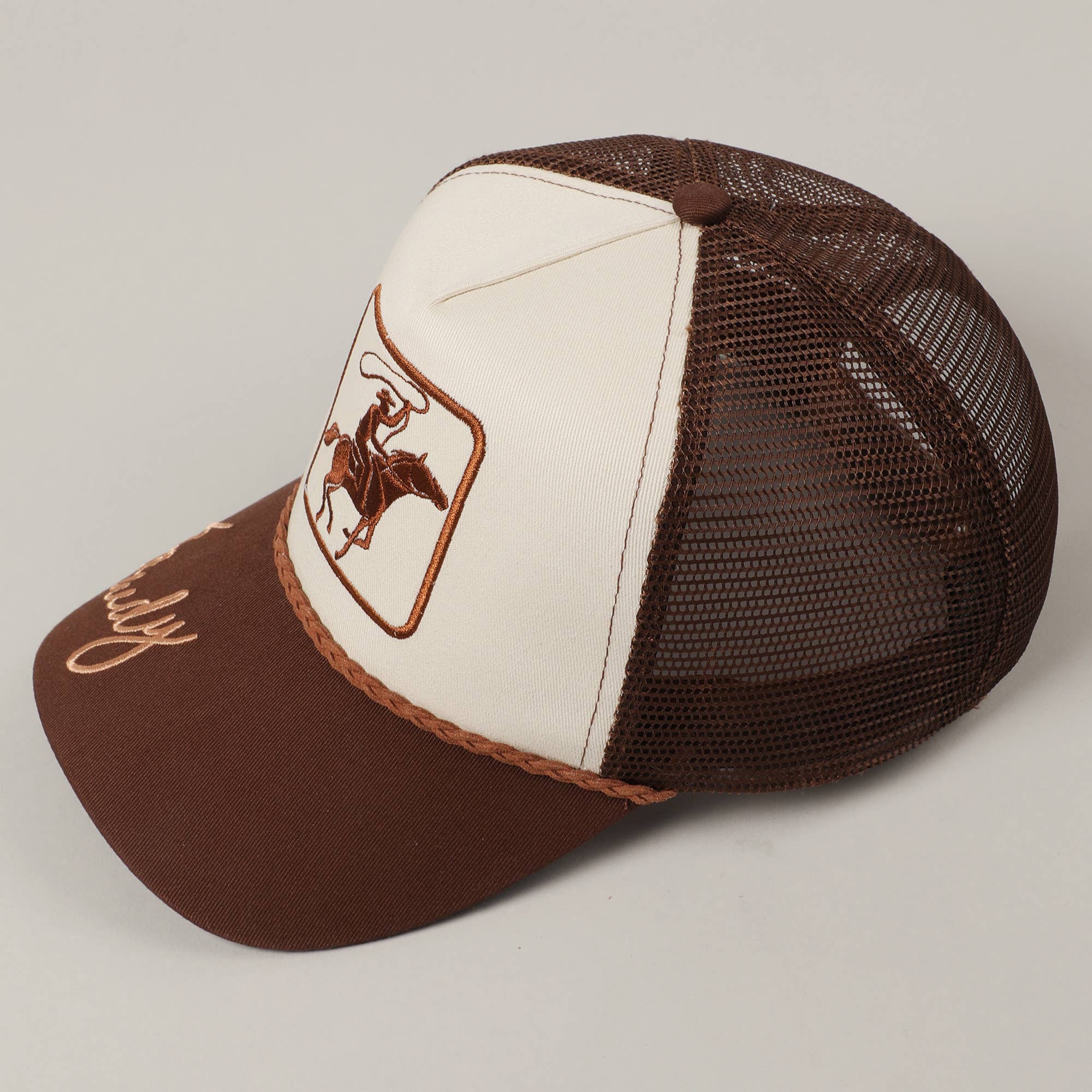 Brown Cowboy Image Howdy Embroidery Mesh Back Cap for wholesale on Faire1