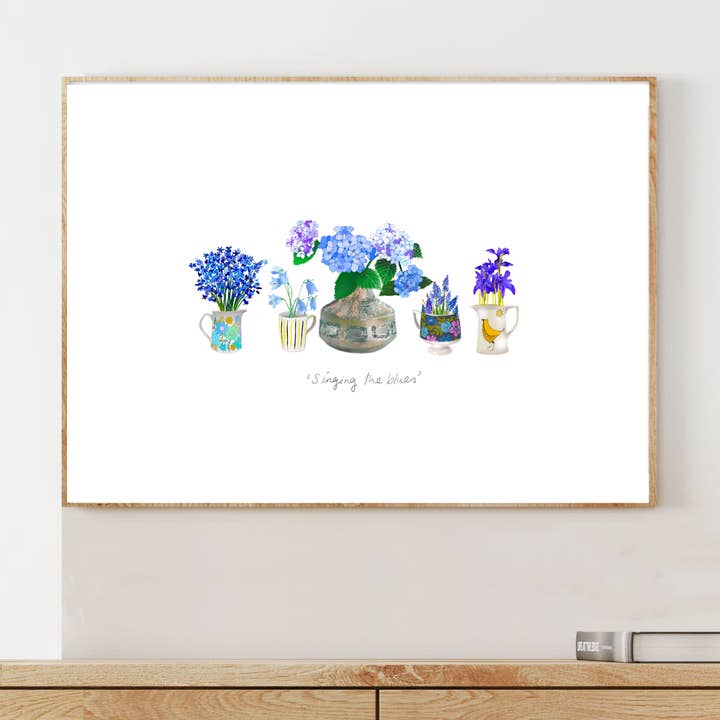 Stampa artistica da parete Singing the Blues, formato A4 per la vendita all'ingrosso da parte di Sara Sayer