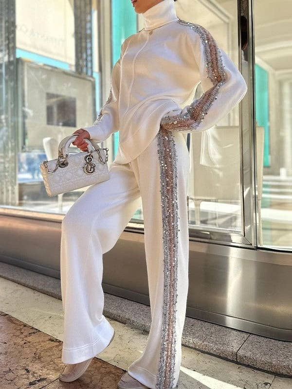 Shimmering High-Neck Sequin Trim Top And Pants Set and other Purchase Wholesale sequin pants. Free Returns & Net 60 Terms on Faire trending on Faire.