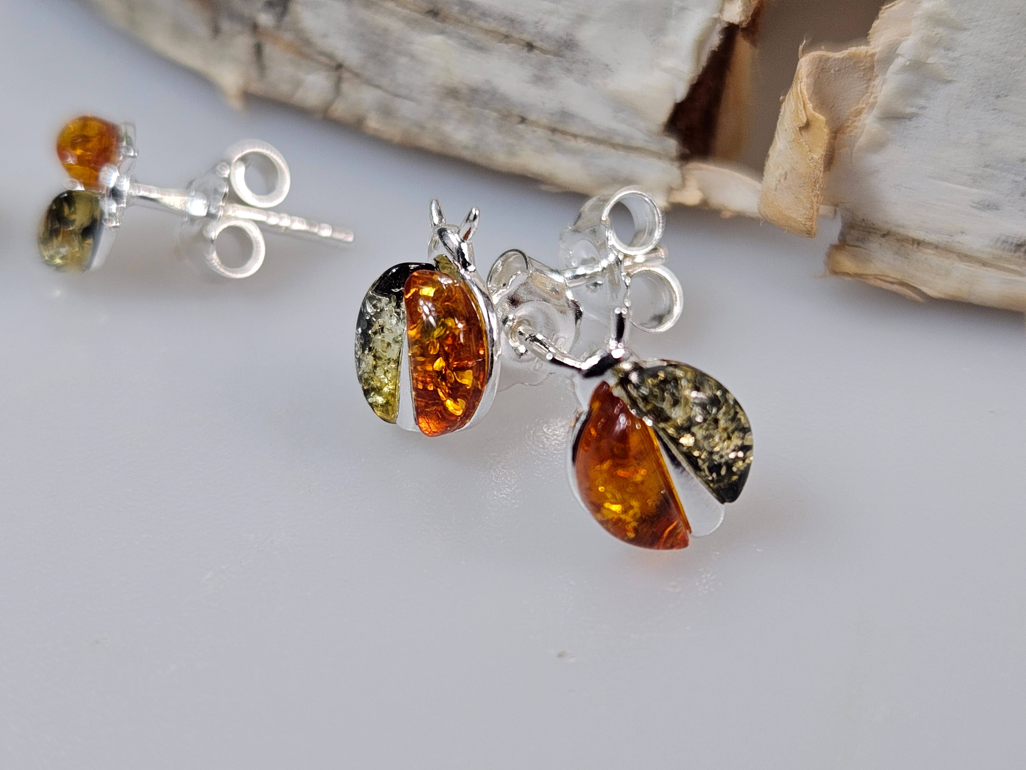 AmberLithuania - Vendita all'ingrosso Orecchini pendenti - Orecchini in ambra, orecchini pendenti con pietre preziose, orecchini a forma di coccinella3