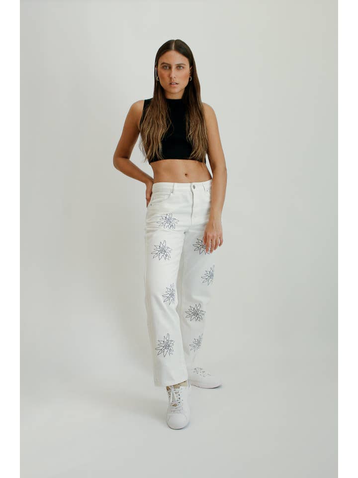 Alesia Designs - Wholesale Jeans - Women's - White Embroidery Wide Leg Jean1